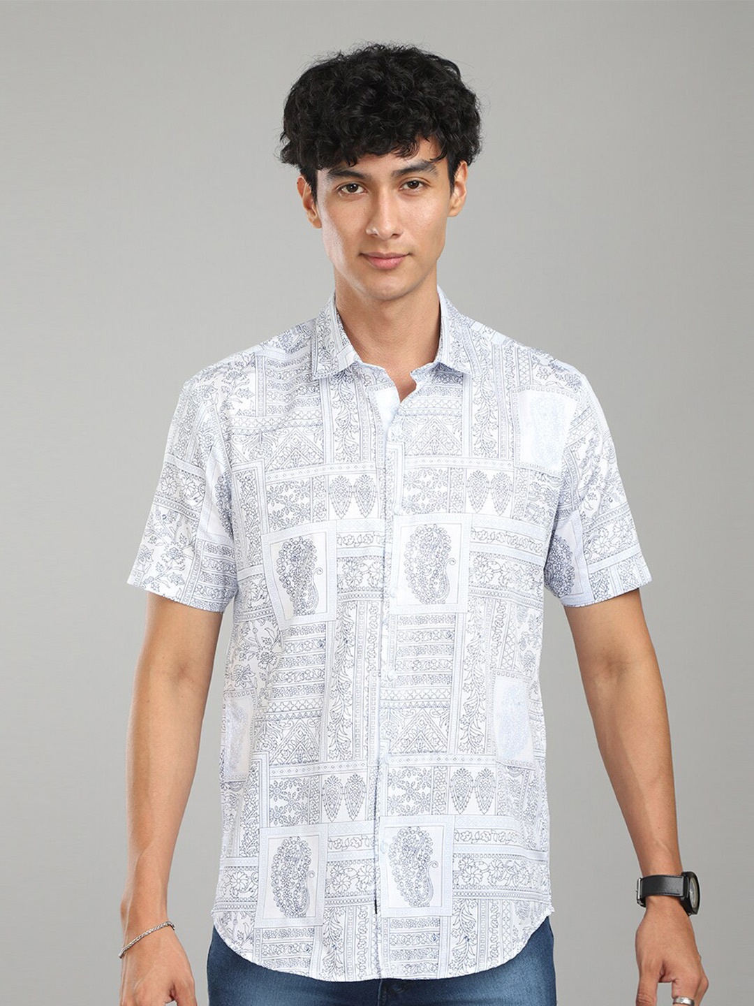 

FOGA New Fit Ethnic Motifs Printed Pure Cotton Shirt, White