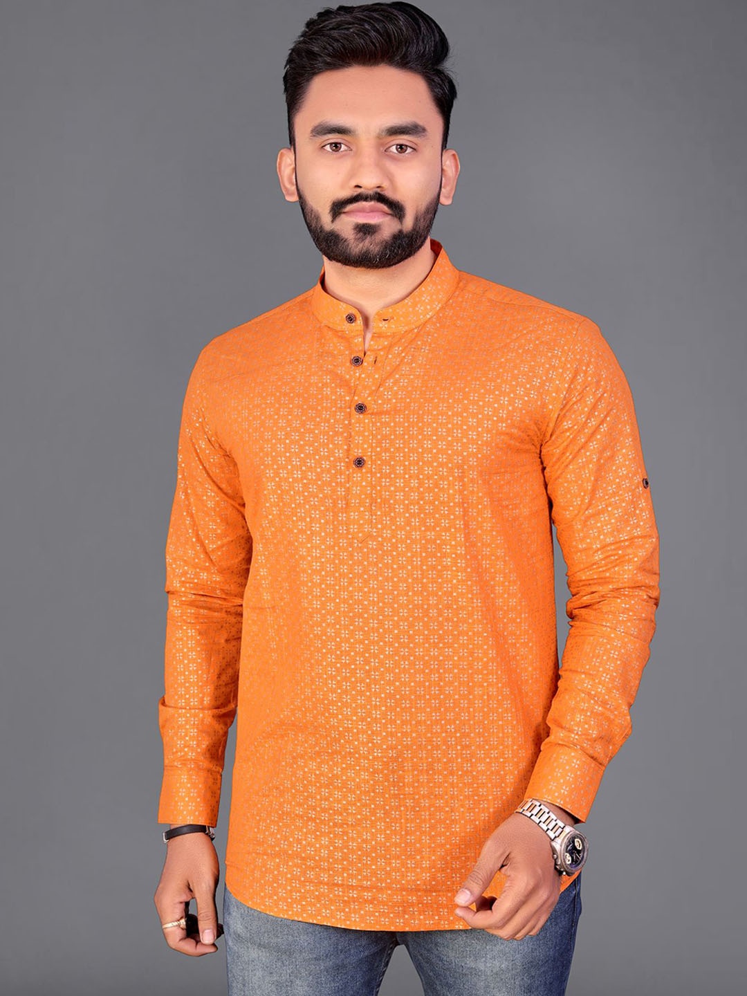 

ADWYN PETER Ethnic Motifs Printed Band Collar Cotton Short Kurta, Orange