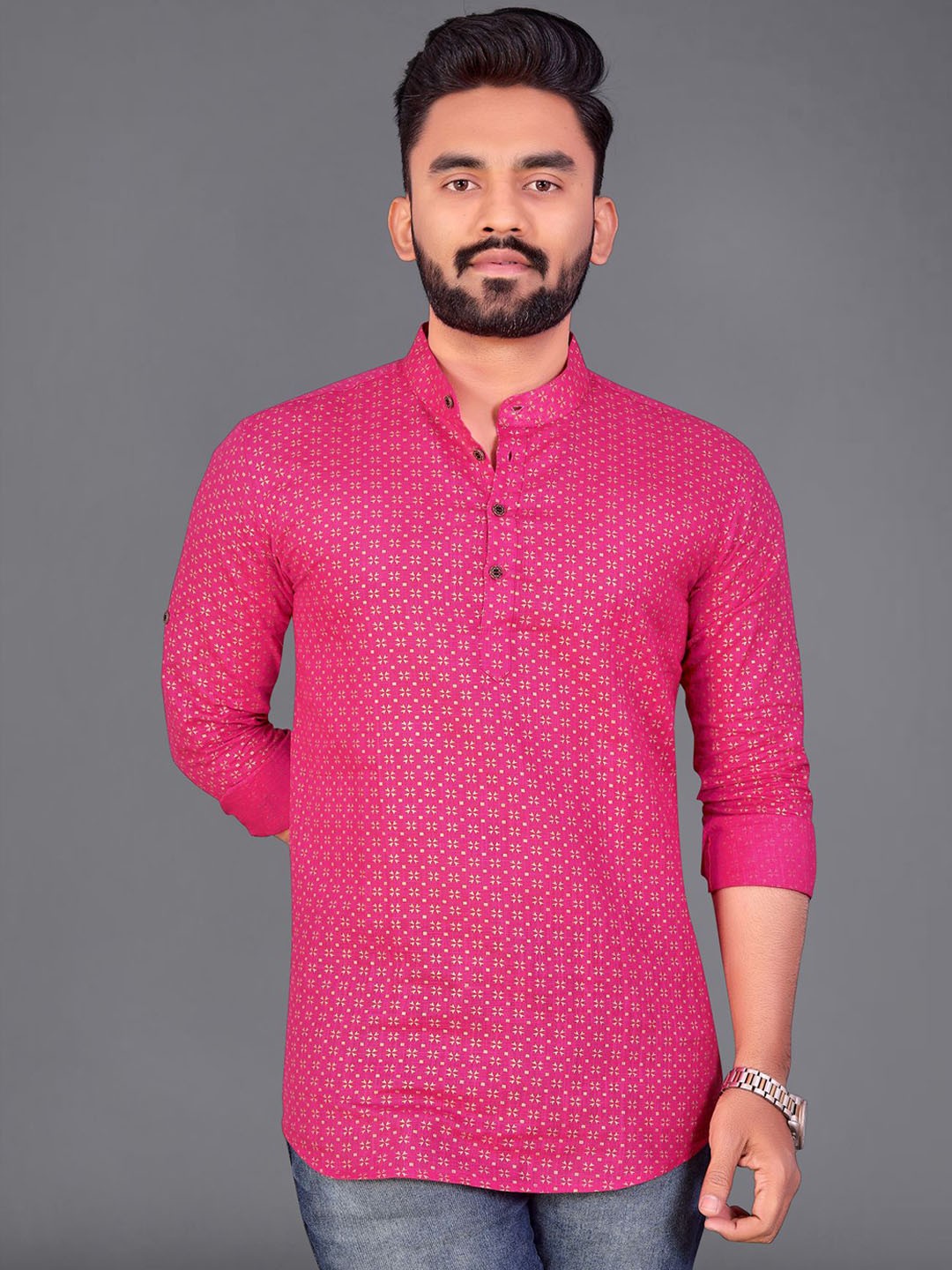 

ADWYN PETER Ethnic Motifs Printed Band Collar Cotton Short Kurta, Pink