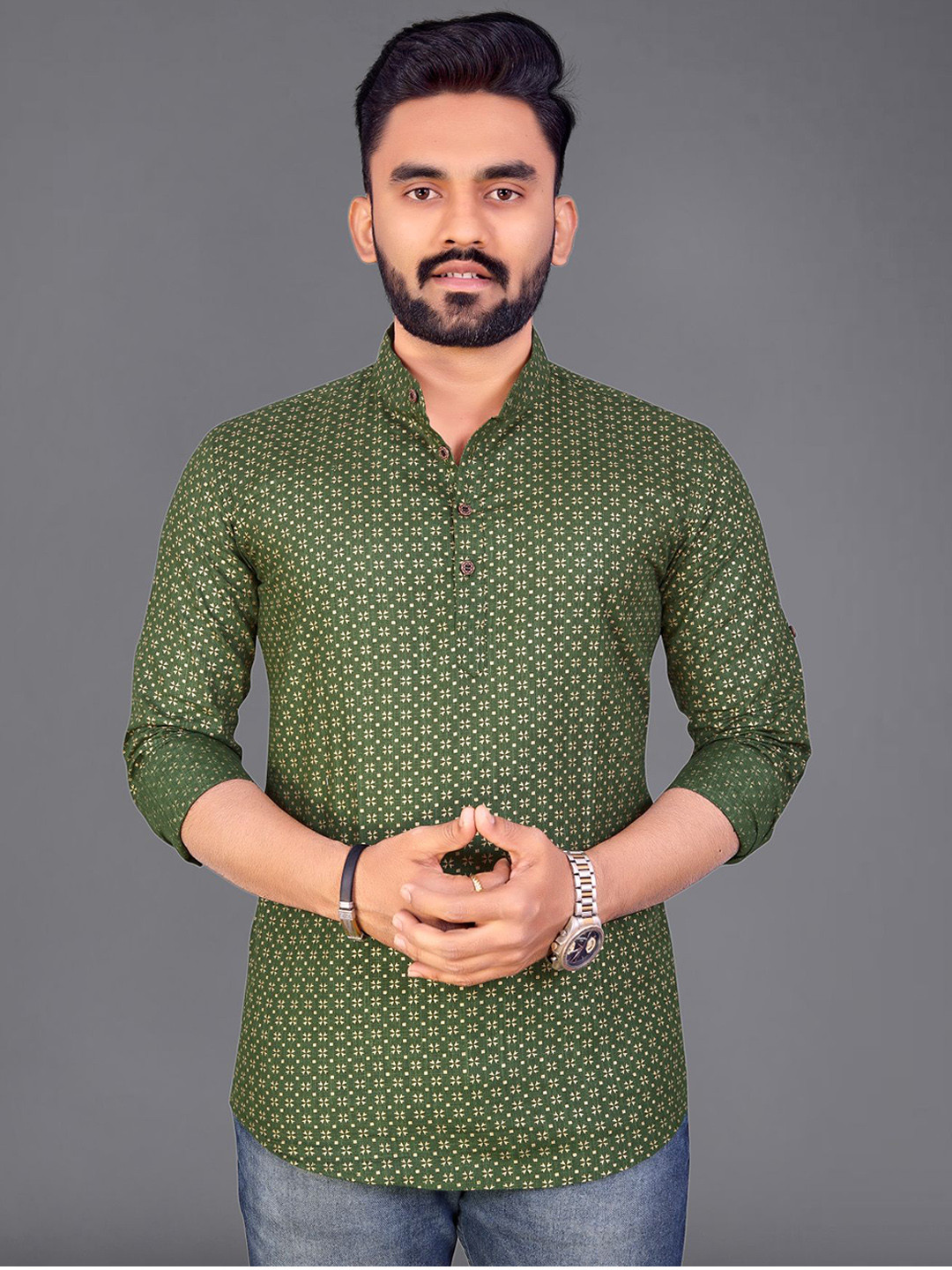 

ADWYN PETER Ethnic Motifs Printed Band Collar Cotton Short Kurta, Green