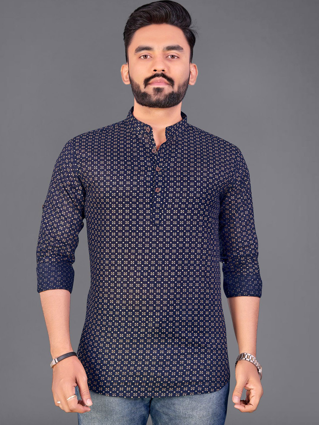 

ADWYN PETER Ethnic Motifs Printed Band Collar Cotton Short Kurta, Navy blue