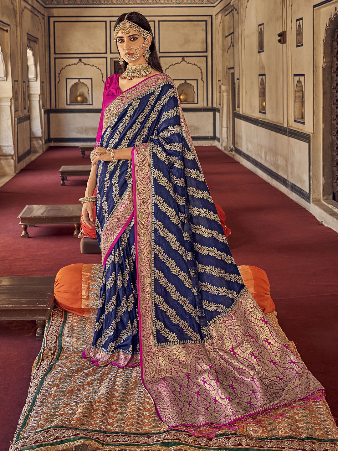 

Mitera Navy Blue & Pink Floral Woven Design Zari Banarasi Saree