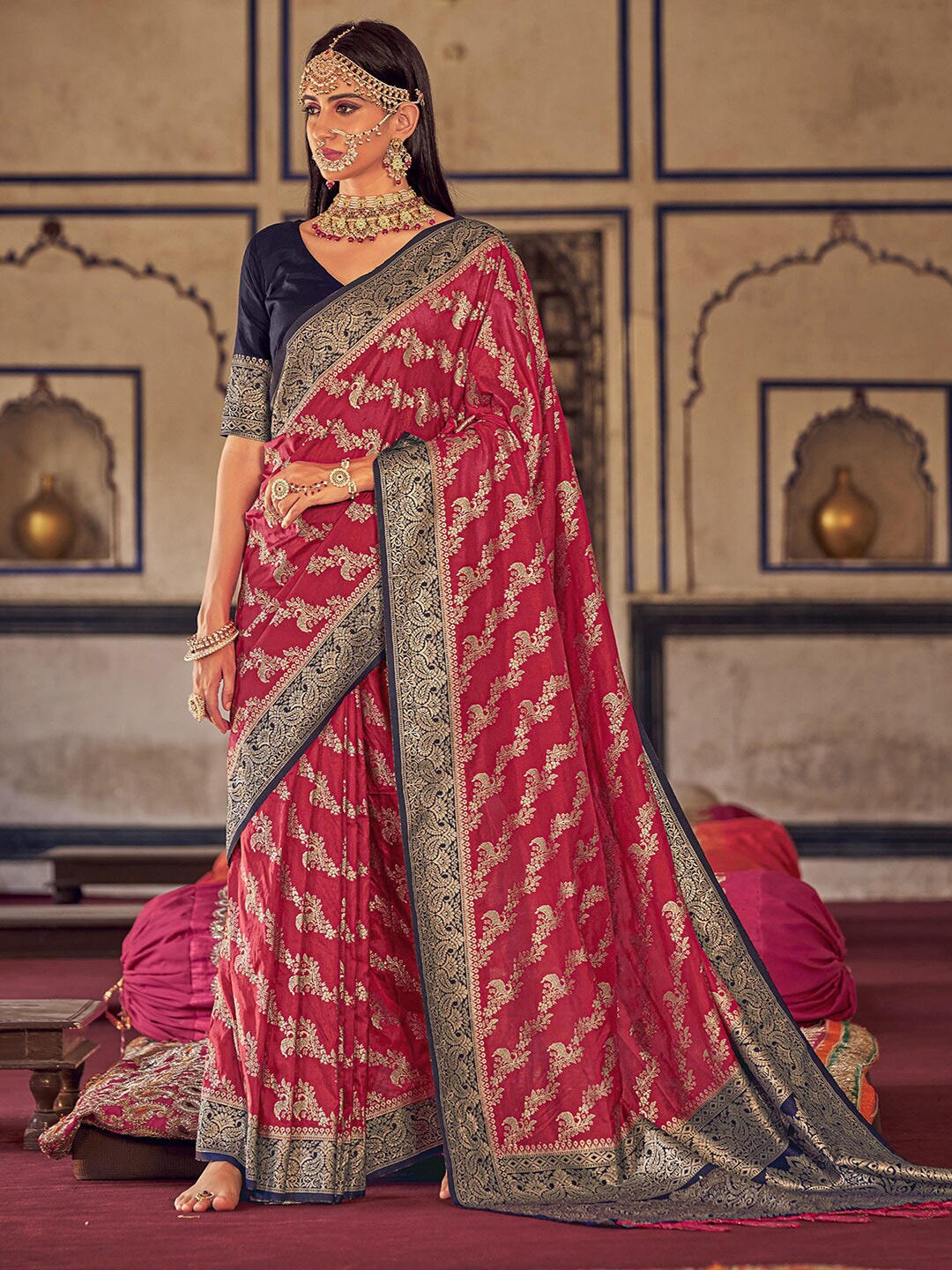 

Mitera Red & Grey Ethnic Motif Woven Design Banarasi Saree
