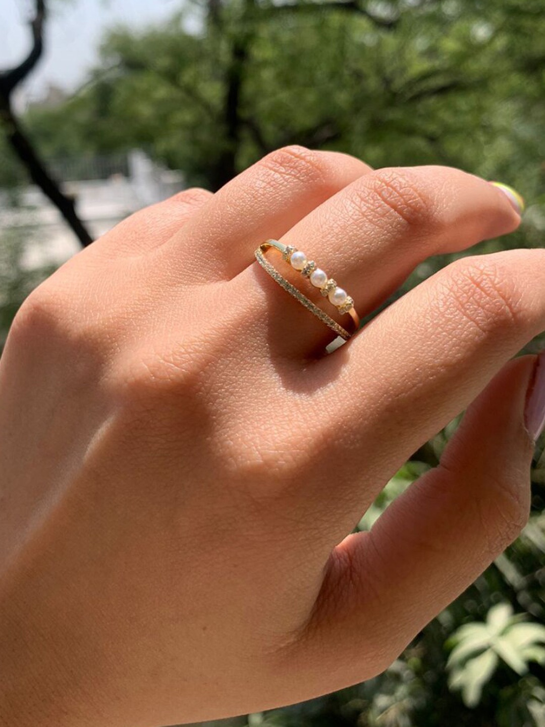 

SALTY Anti-Tarnish Stone-Studded Lucky Ocean Pearls Finger Ring, Gold