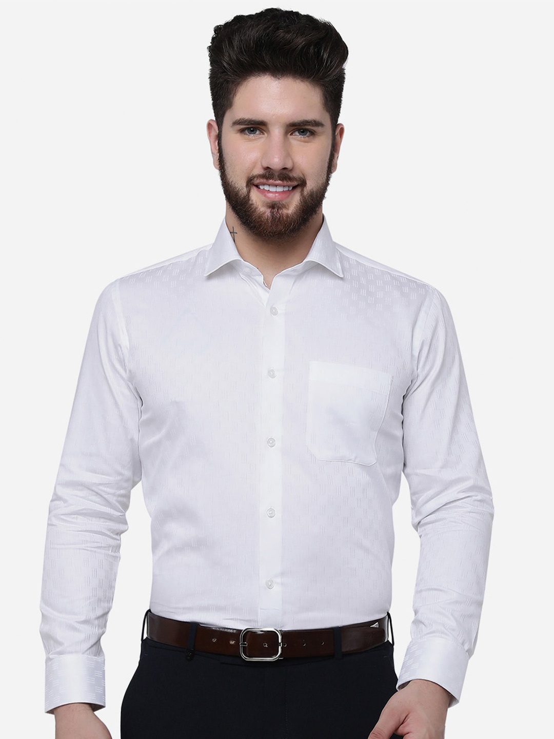 

Greenfibre Slim Fit Self Design Cotton Formal Shirt, White