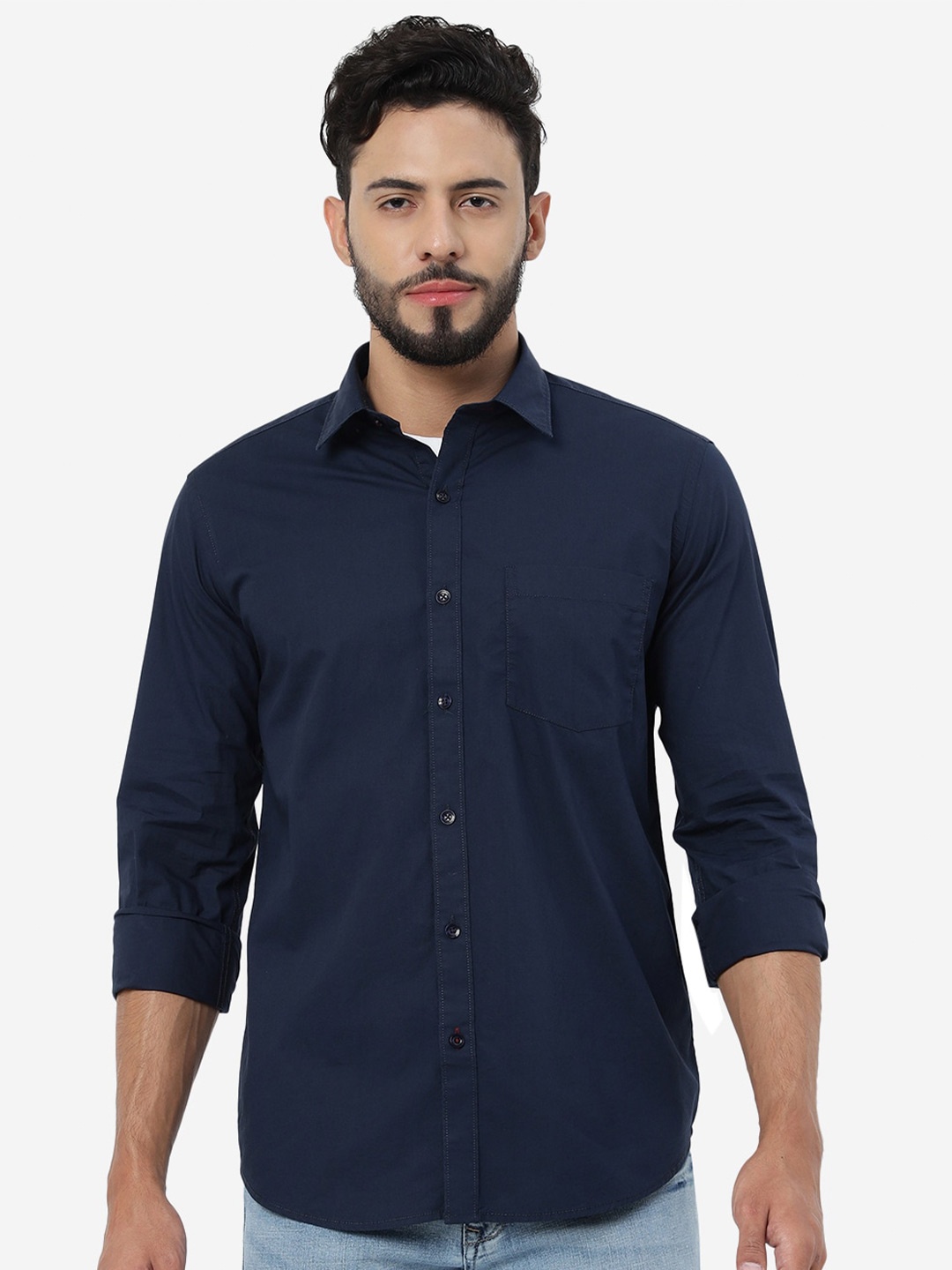

Greenfibre Spread Collar Smart Fit Opaque Pure Cotton Casual Shirt, Blue