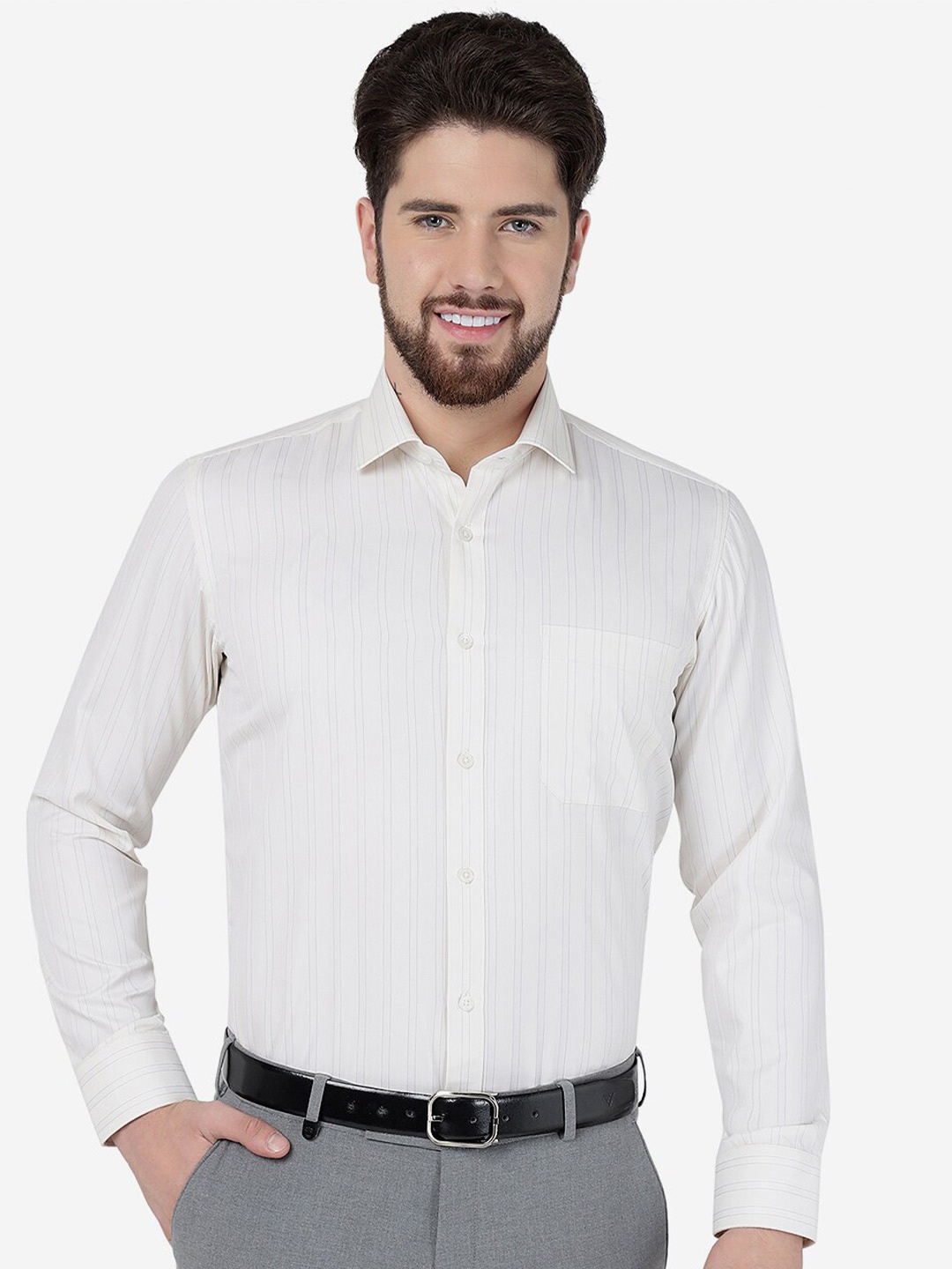 

Greenfibre Vertical Striped Slim Fit Opaque Formal Shirt, Cream