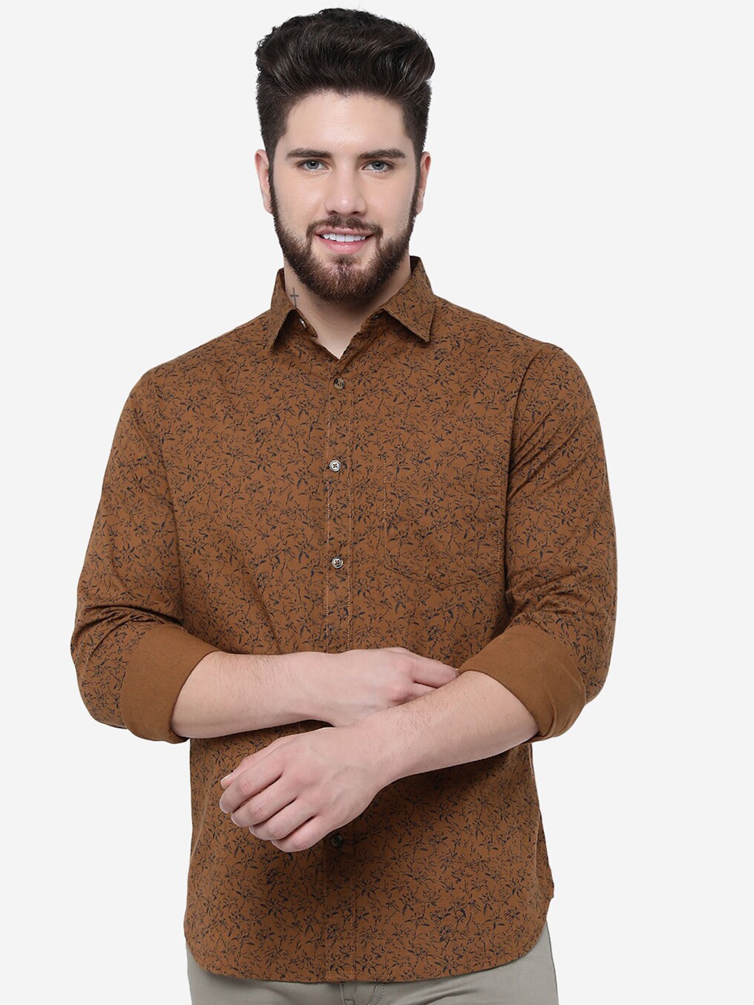 

Greenfibre Printed Floral Slim Fit Opaque Pure Cotton Casual Shirt, Brown