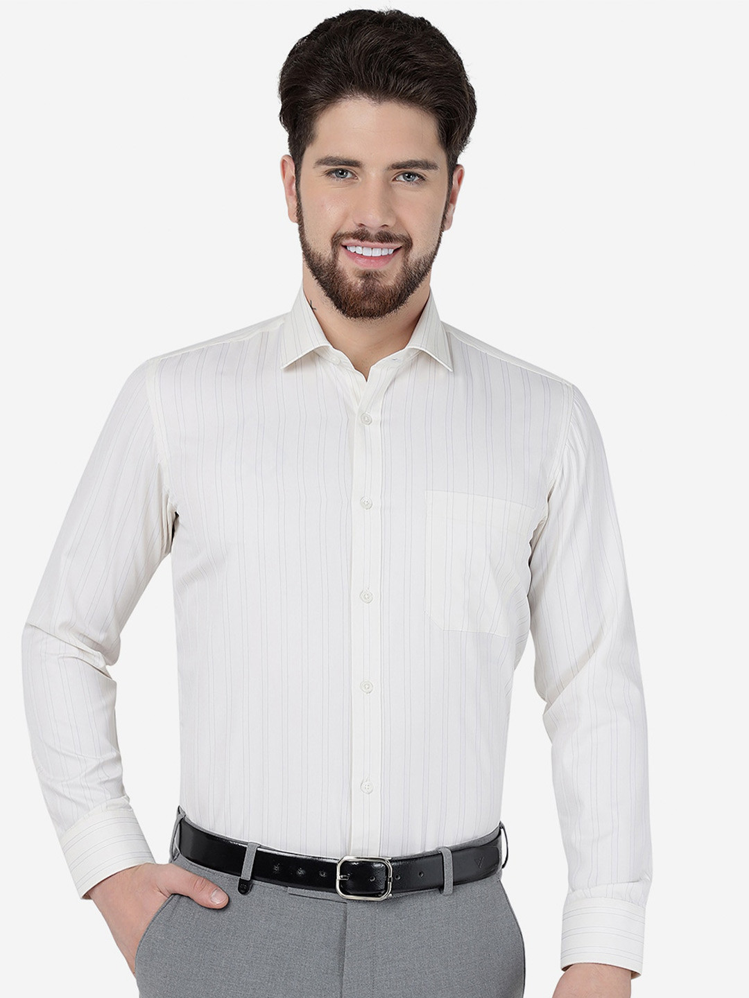 

Greenfibre Slim Fit Striped Cotton Formal Shirt, Cream