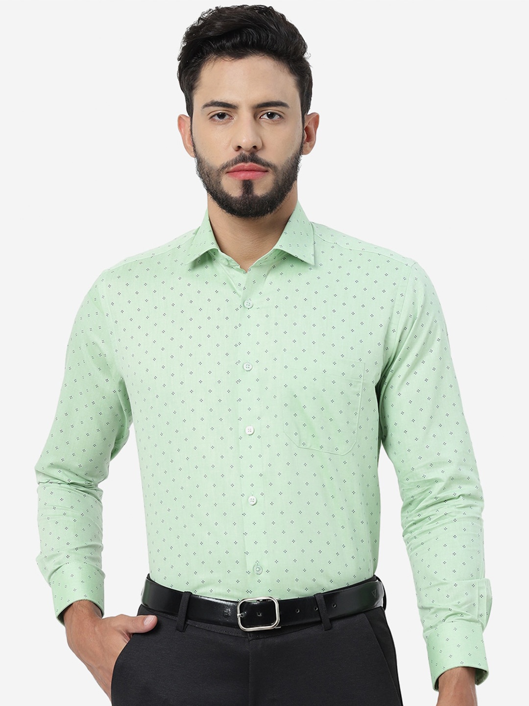 

Greenfibre Printed Slim Fit Opaque Formal Shirt, Lime green