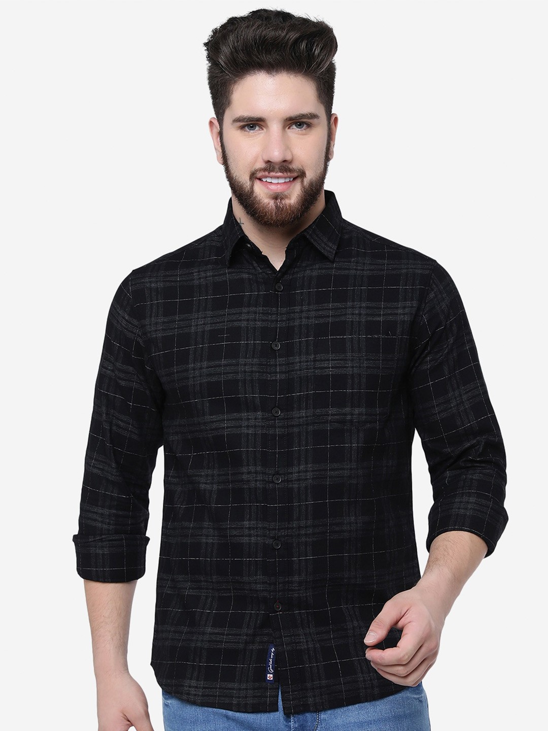 

Greenfibre Checked Spread Collar Slim Fit Cotton Casual Shirt, Navy blue