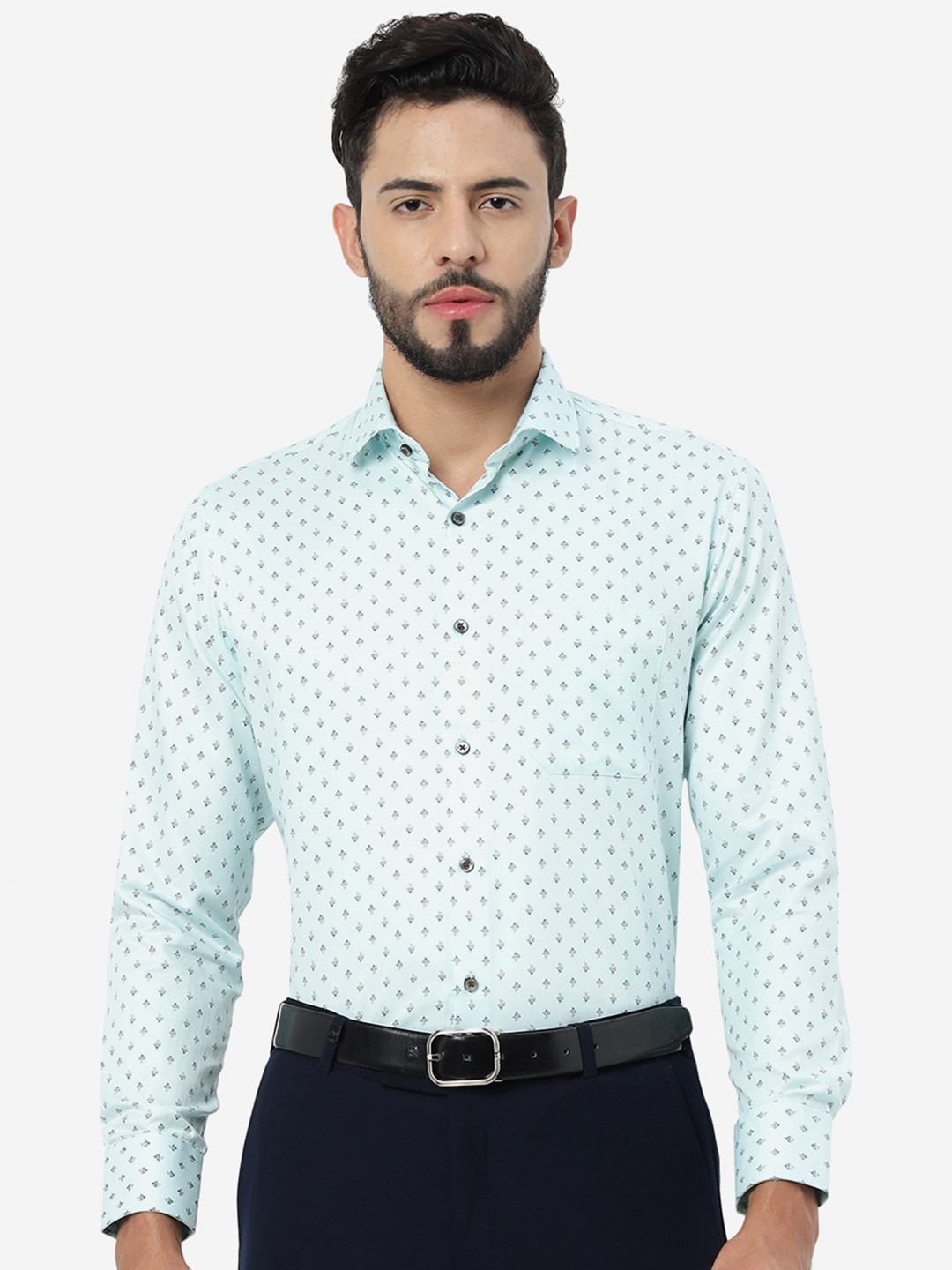 

Greenfibre Slim Fit Micro Ditsy Printed Cotton Formal Shirt, Blue