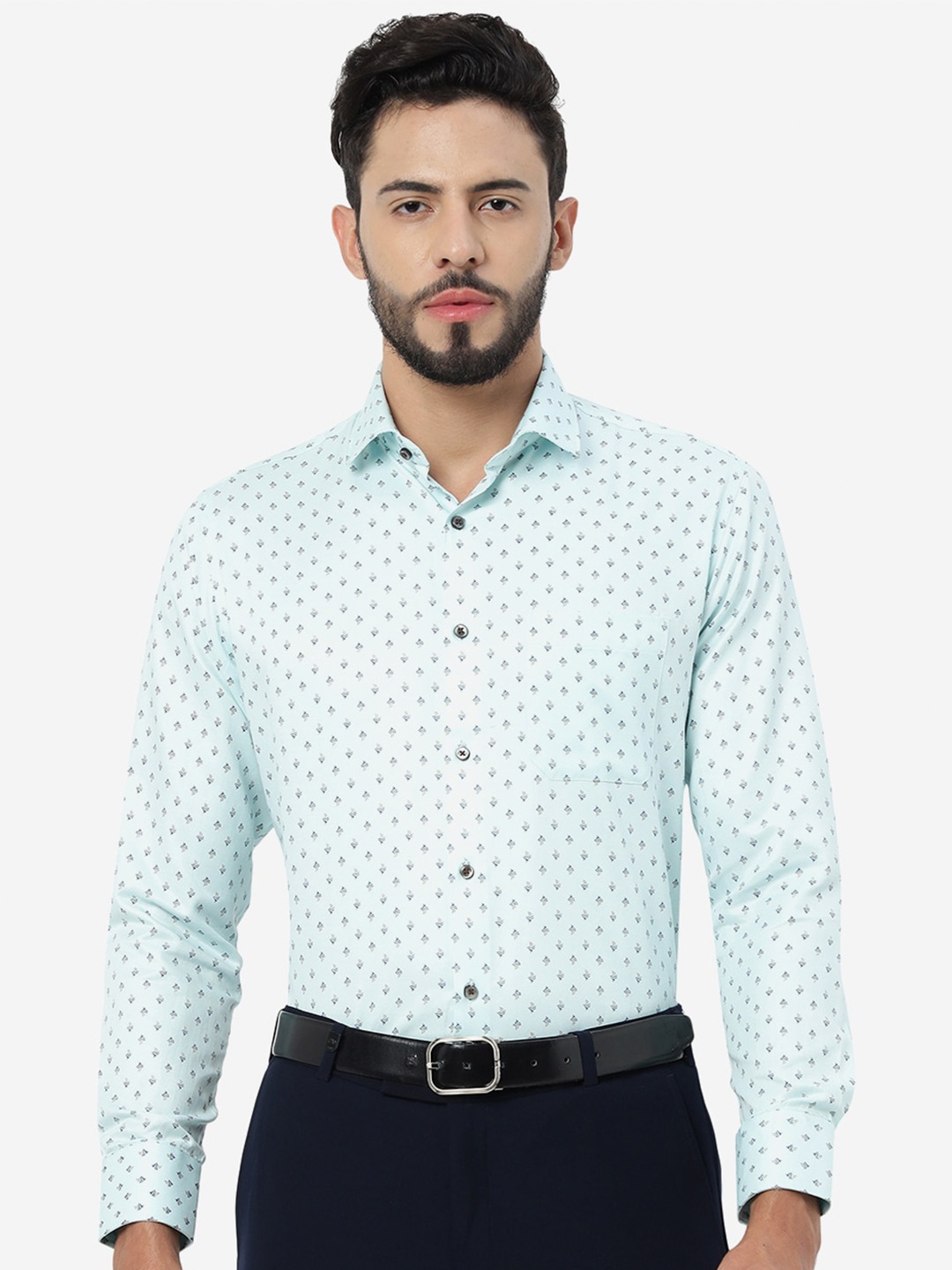 

Greenfibre Micro Ditsy Printed Spread Collar Slim Fit Cotton Casual Shirt, Blue