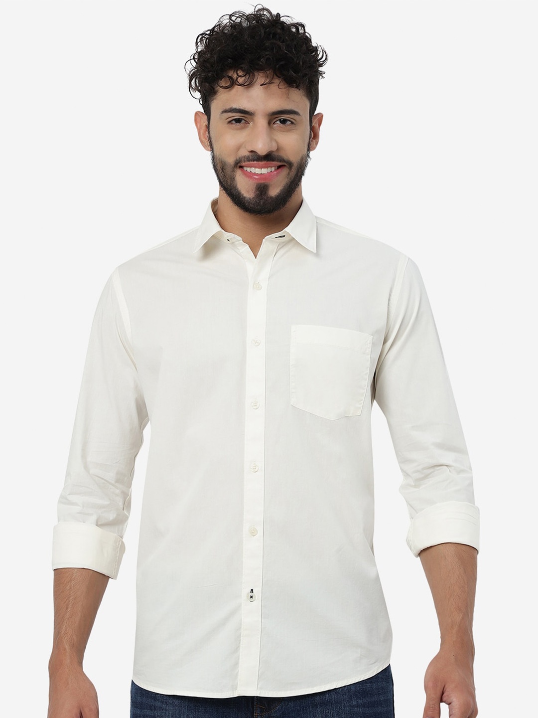 

Greenfibre Spread Collar Opaque Pure Cotton Casual Shirt, Cream