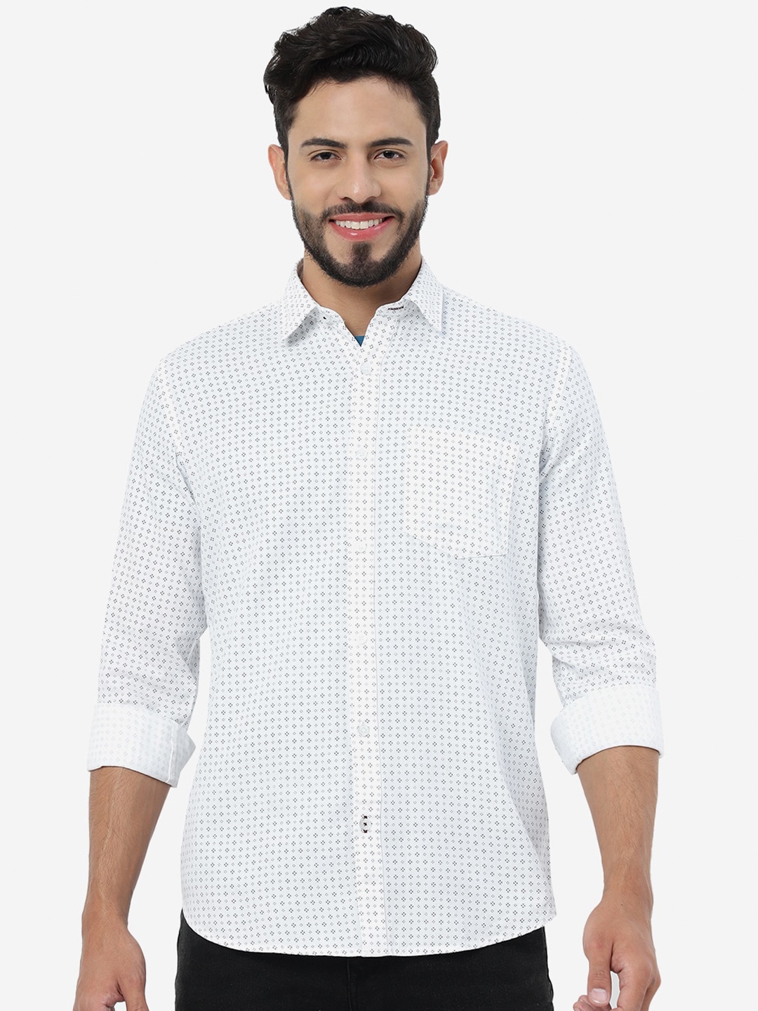 

Greenfibre Micro Ditsy Printed Spread Collar Cotton Casual Shirt, White