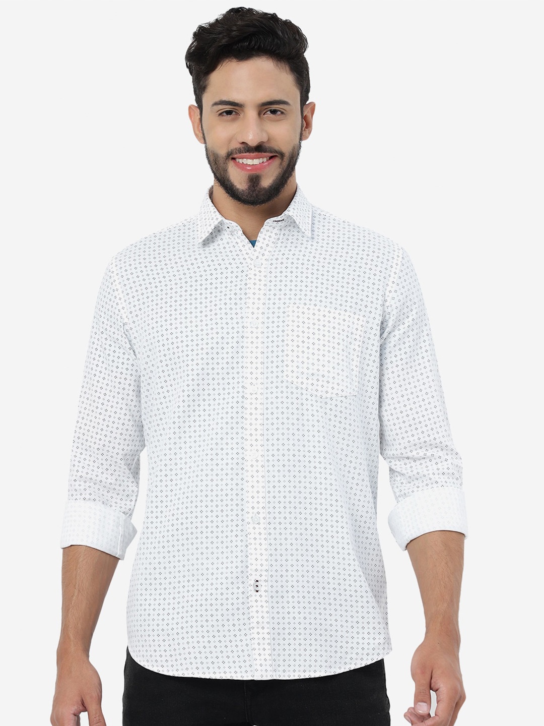 

Greenfibre Micro Ditsy Printed Spread Collar Cotton Casual Shirt, White