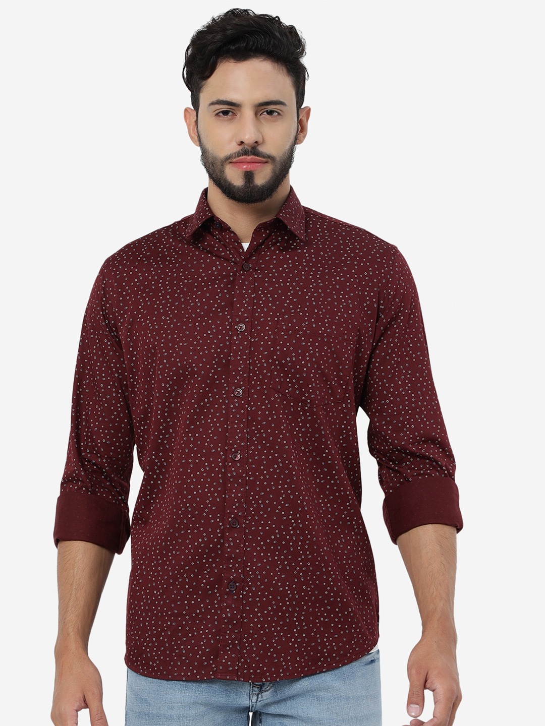 

GreenfibreSmart Fit Micro Ditsy Printed Pure Cotton Casual Shirt, Maroon