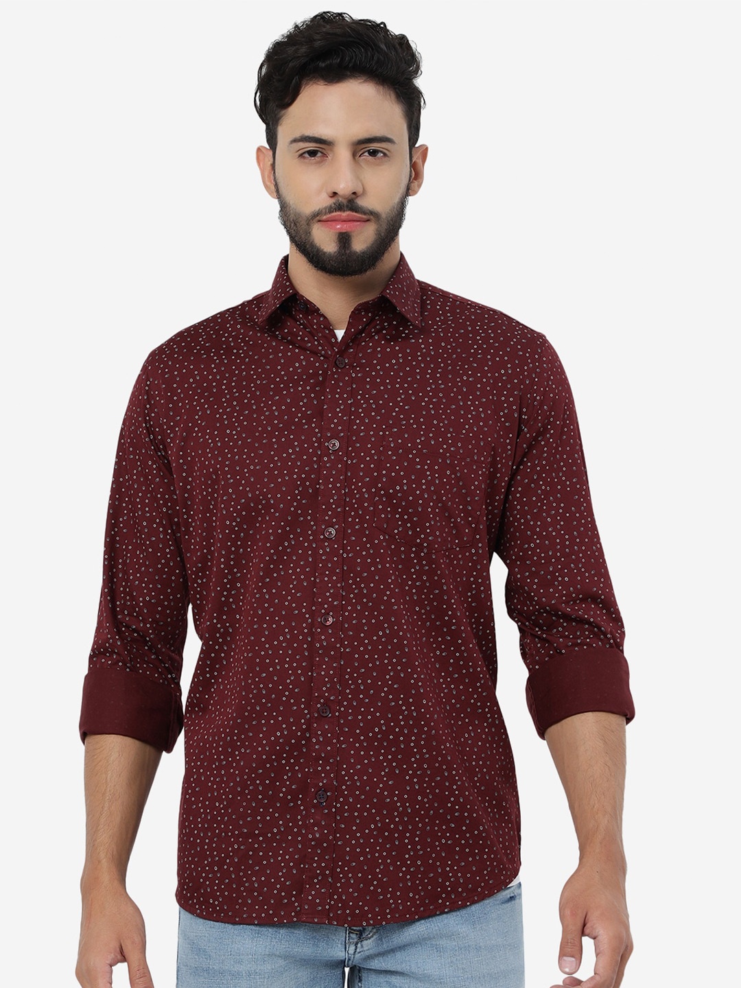 

Greenfibre Micro Ditsy Printed Spread Collar Cotton Casual Shirt, Maroon