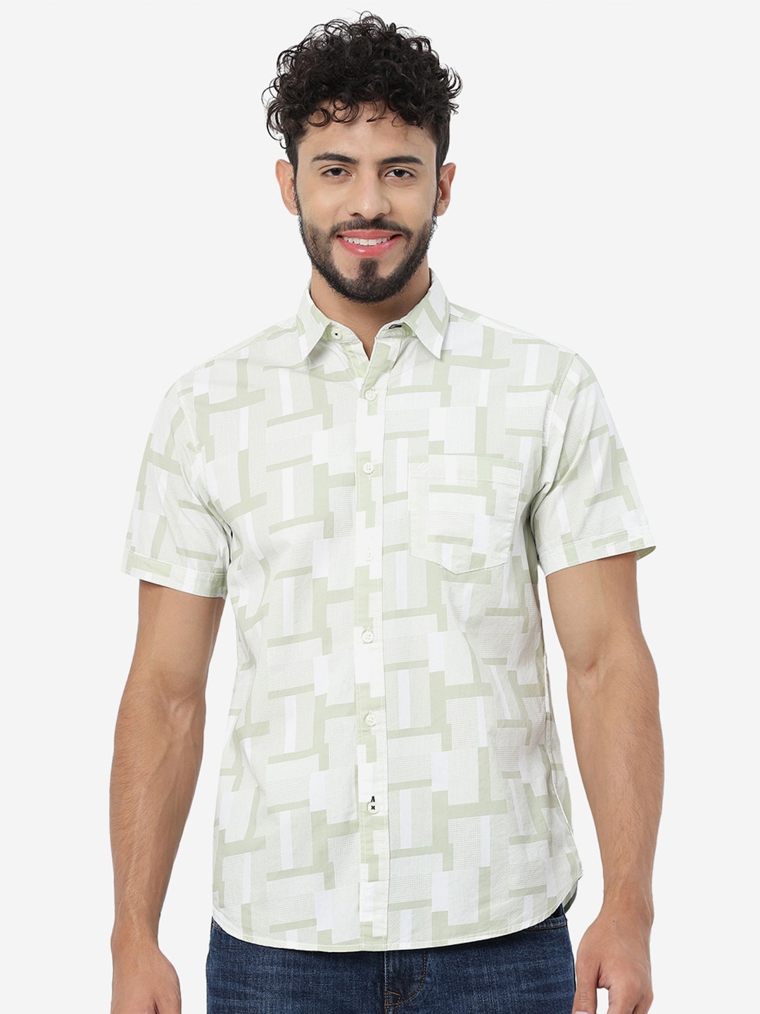 

Greenfibre Printed Slim Fit Opaque Pure Cotton Casual Shirt, Olive