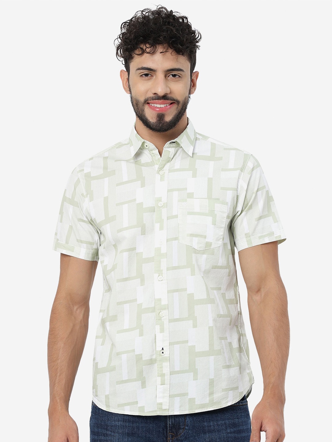

Greenfibre Slim Fit Geometric Printed Pure Cotton Casual Shirt, Green