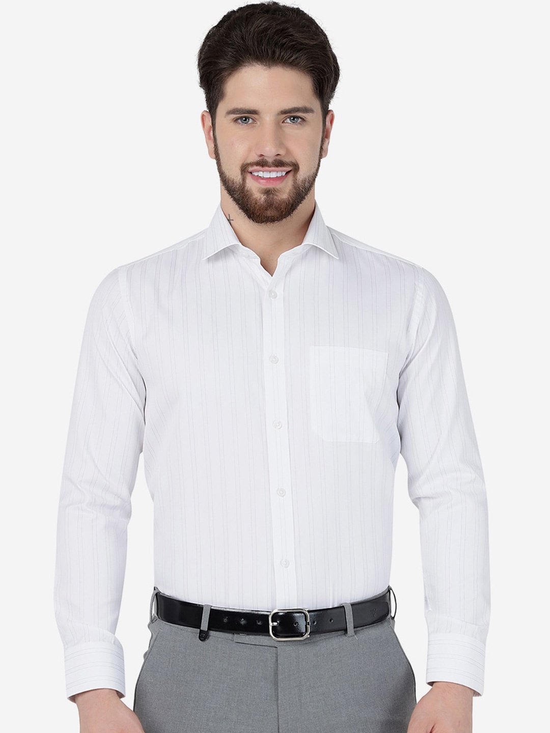 

Greenfibre Slim Fit Striped Spread Collar Formal Shirt, White