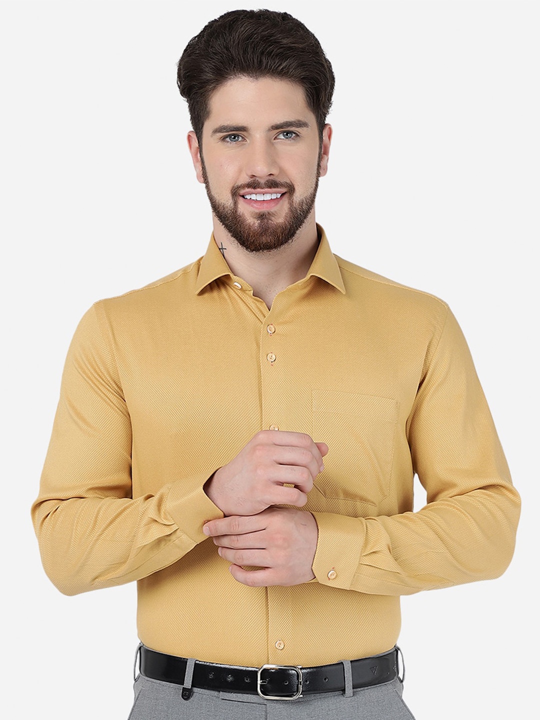 

Greenfibre Self Design Slim Fit Cotton Formal Shirt, Yellow