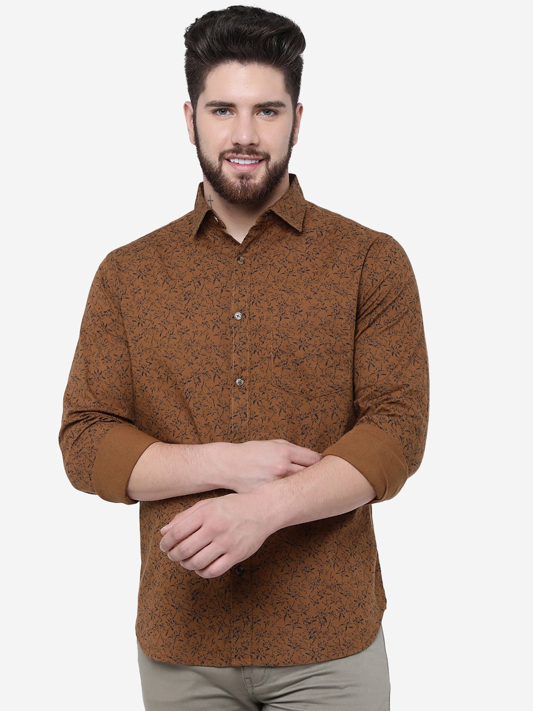 

Greenfibre Floral Printed Slim Fit Cotton Casual Shirt, Brown