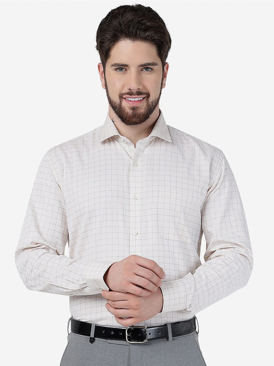 

JADE BLUE Checked Slim Fit Opaque Pure Cotton Formal Shirt, Cream