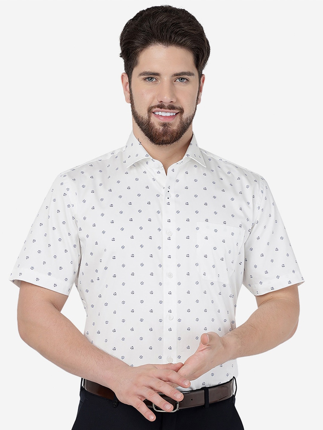 

JADE BLUE Printed Slim Fit Opaque Pure Cotton Formal Shirt, White