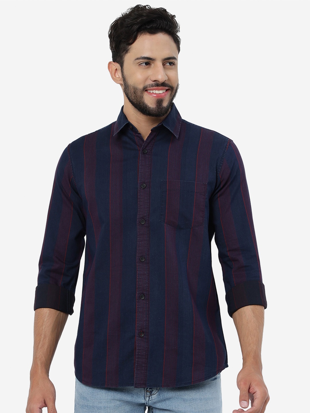 

JADE BLUE Striped Slim Fit Opaque Pure Cotton Casual Shirt, Navy blue