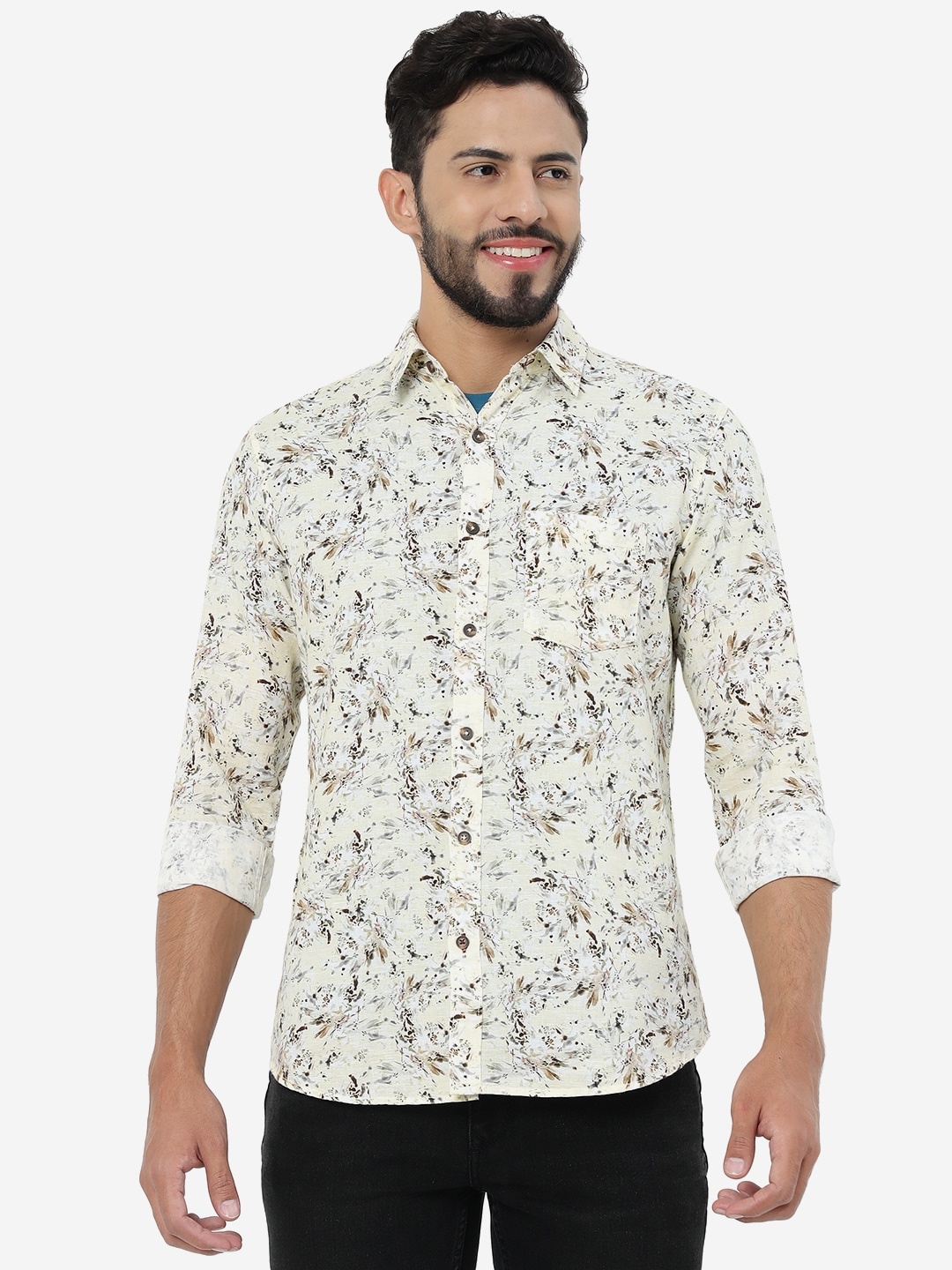 

JADE BLUE Men Printed Slim Fit Comfort Cotton Casual Shirt, Cream