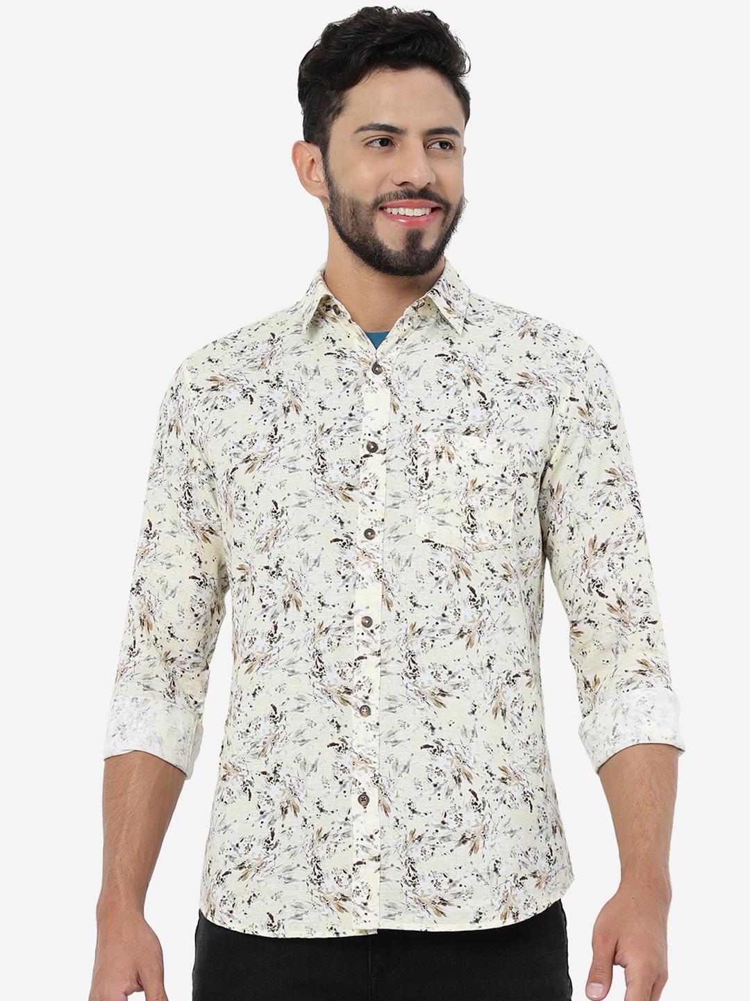 

JADE BLUE Men Floral Printed Cotton Opaque Slim Fit Casual Shirt, Cream