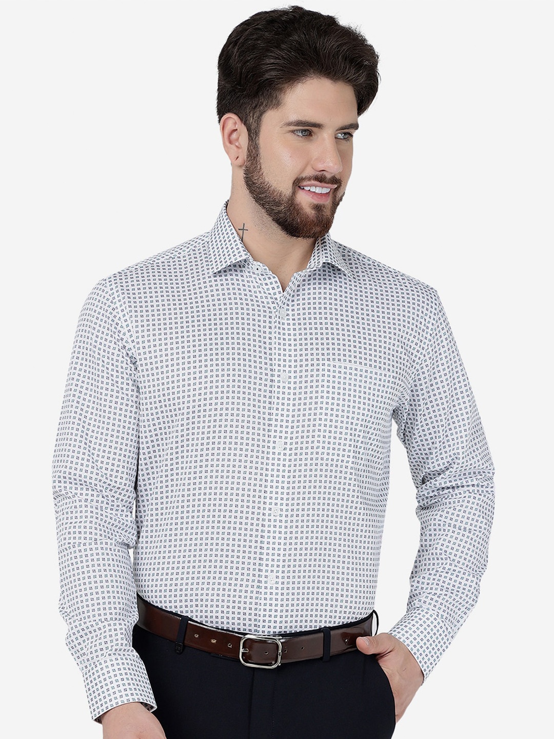 

JADE BLUE Printed Slim Fit Opaque Pure Cotton Formal Shirt, White