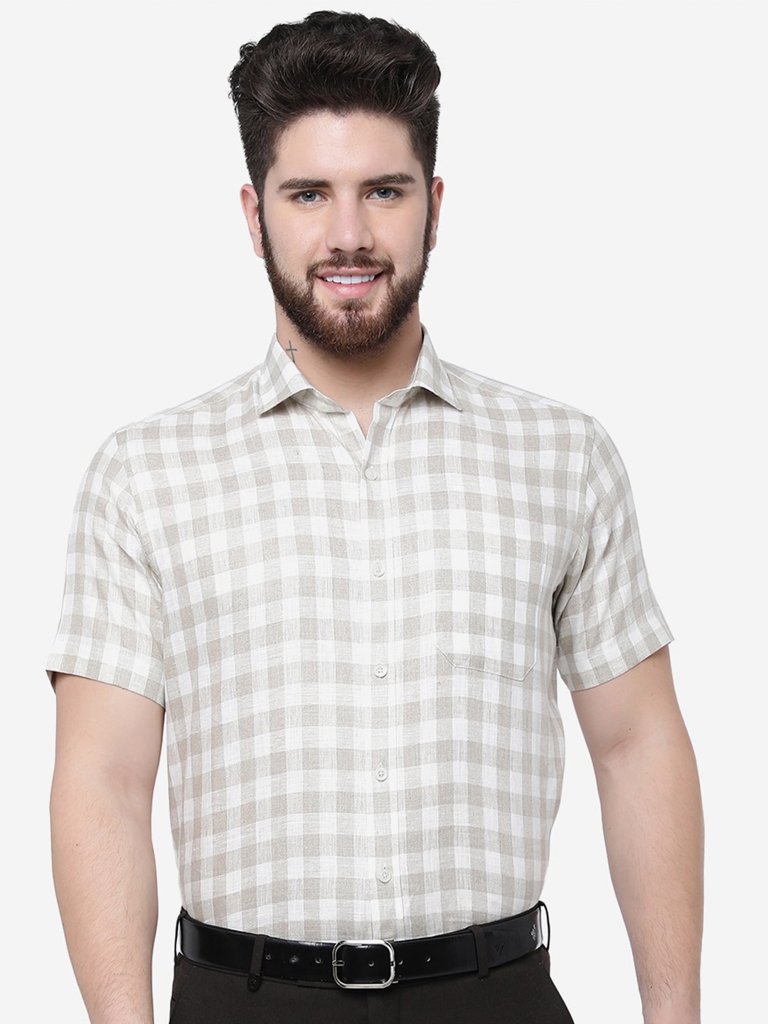 

JADE BLUE Men Gingham Checked Linen Opaque Formal Shirt, Beige