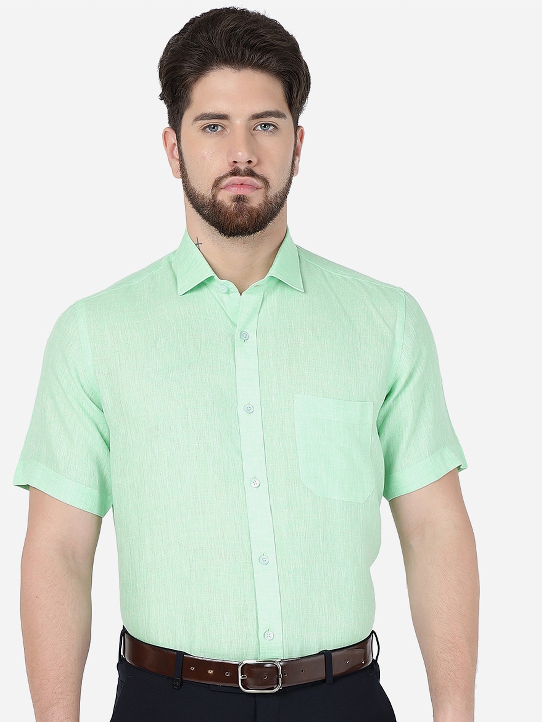 

JADE BLUE Men Regular Fit Comfort Linen Formal Shirt, Green