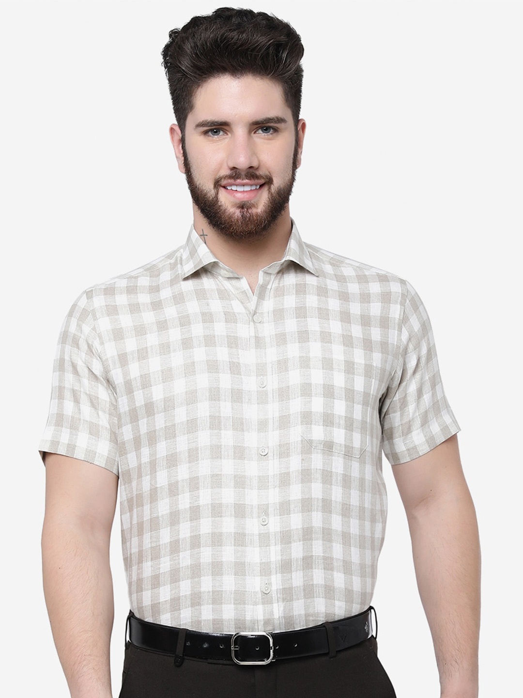 

JADE BLUE Gingham Checked Formal Linen Shirt, Beige