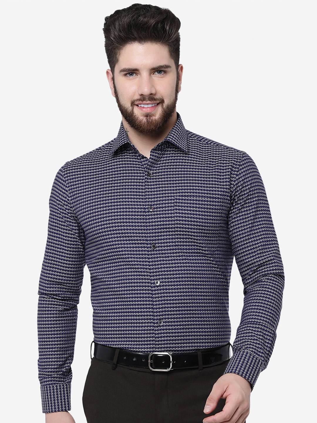 

JADE BLUE Slim Fit Opaque Printed Cotton Formal Shirt, Navy blue