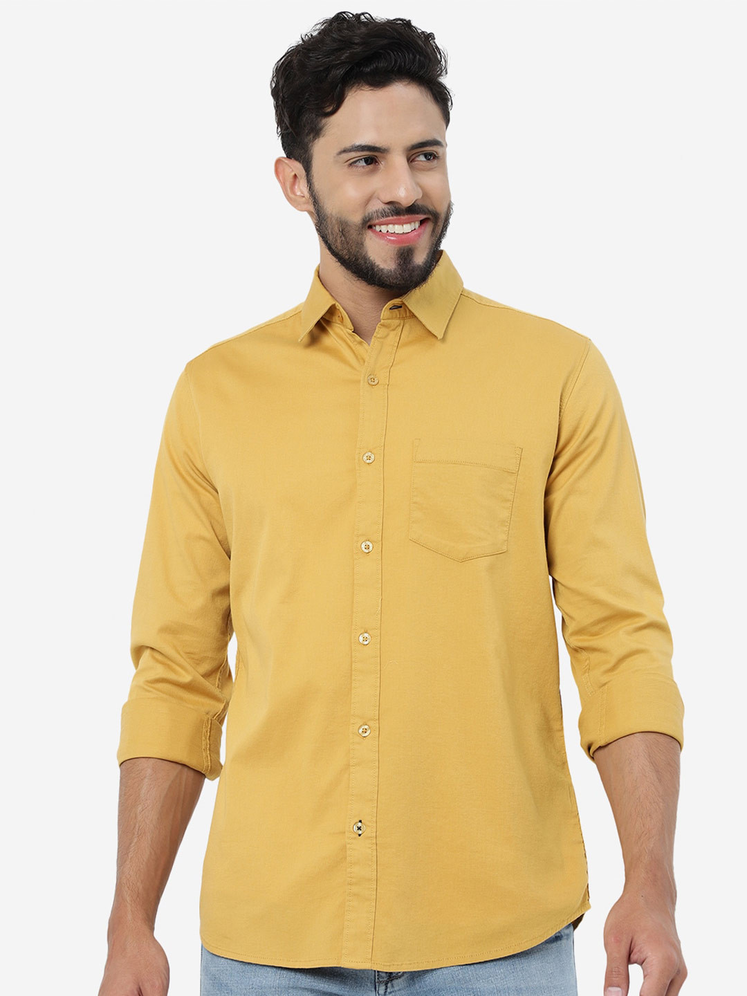 

JADE BLUE Printed Slim Fit Opaque Pure Cotton Casual Shirt, Mustard