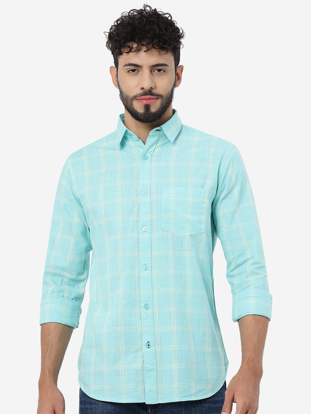 

JADE BLUE Slim Fit Cotton Checked Casual Shirt