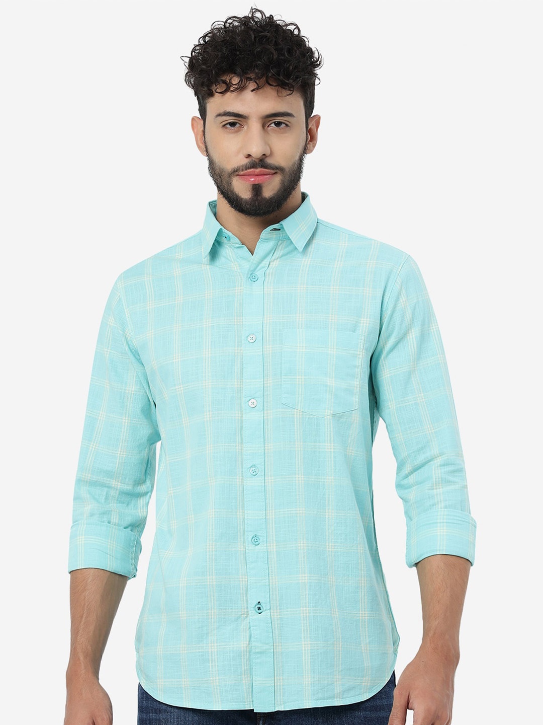 

JADE BLUE Checked Slim Fit Opaque Pure Cotton Casual Shirt
