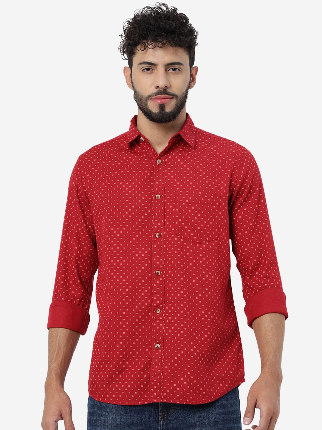 

JADE BLUE Printed Slim Fit Opaque Pure Cotton Casual Shirt, Red