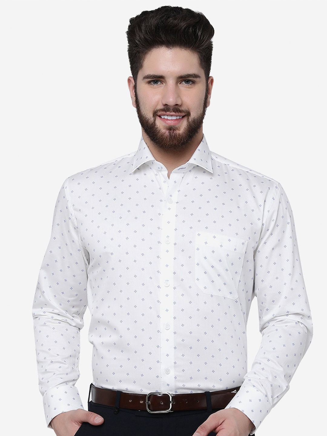 

JADE BLUE Printed Slim Fit Opaque Pure Cotton Formal Shirt, White