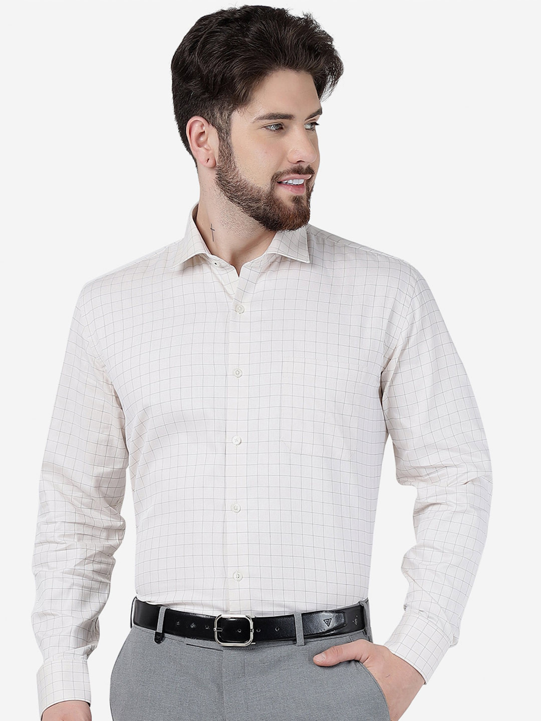 

JADE BLUE Checked Slim Fit Opaque Pure Cotton Formal Shirt, Cream