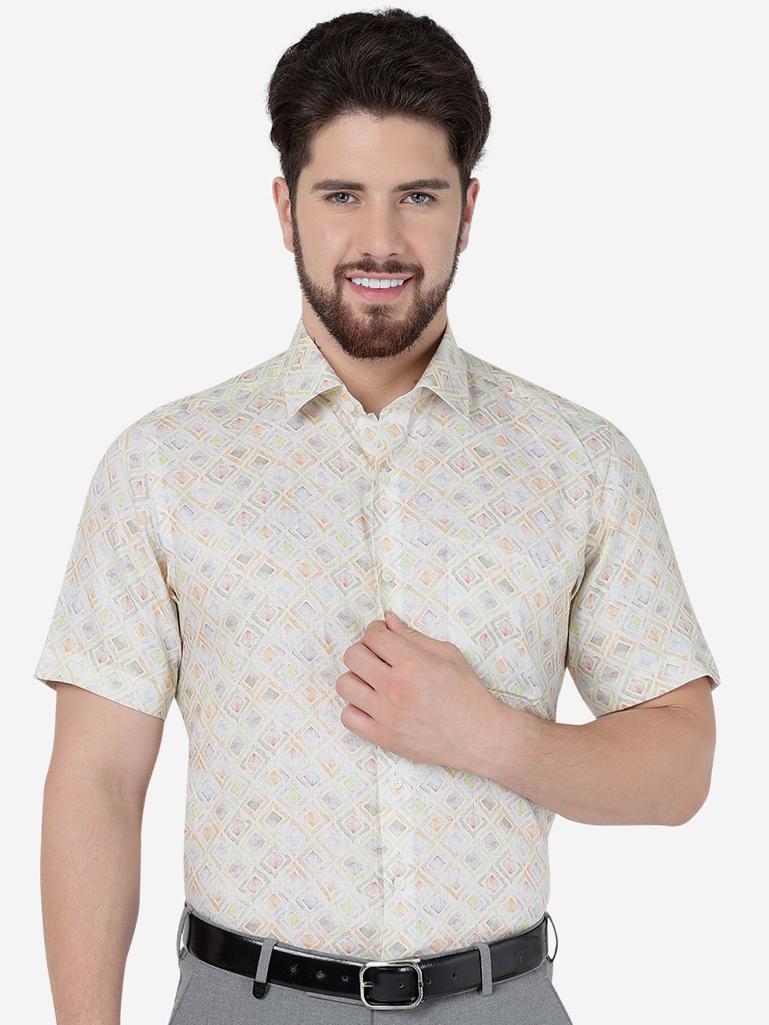 

JADE BLUE Men Geometric Printed Linen Opaque Formal Shirt, Yellow