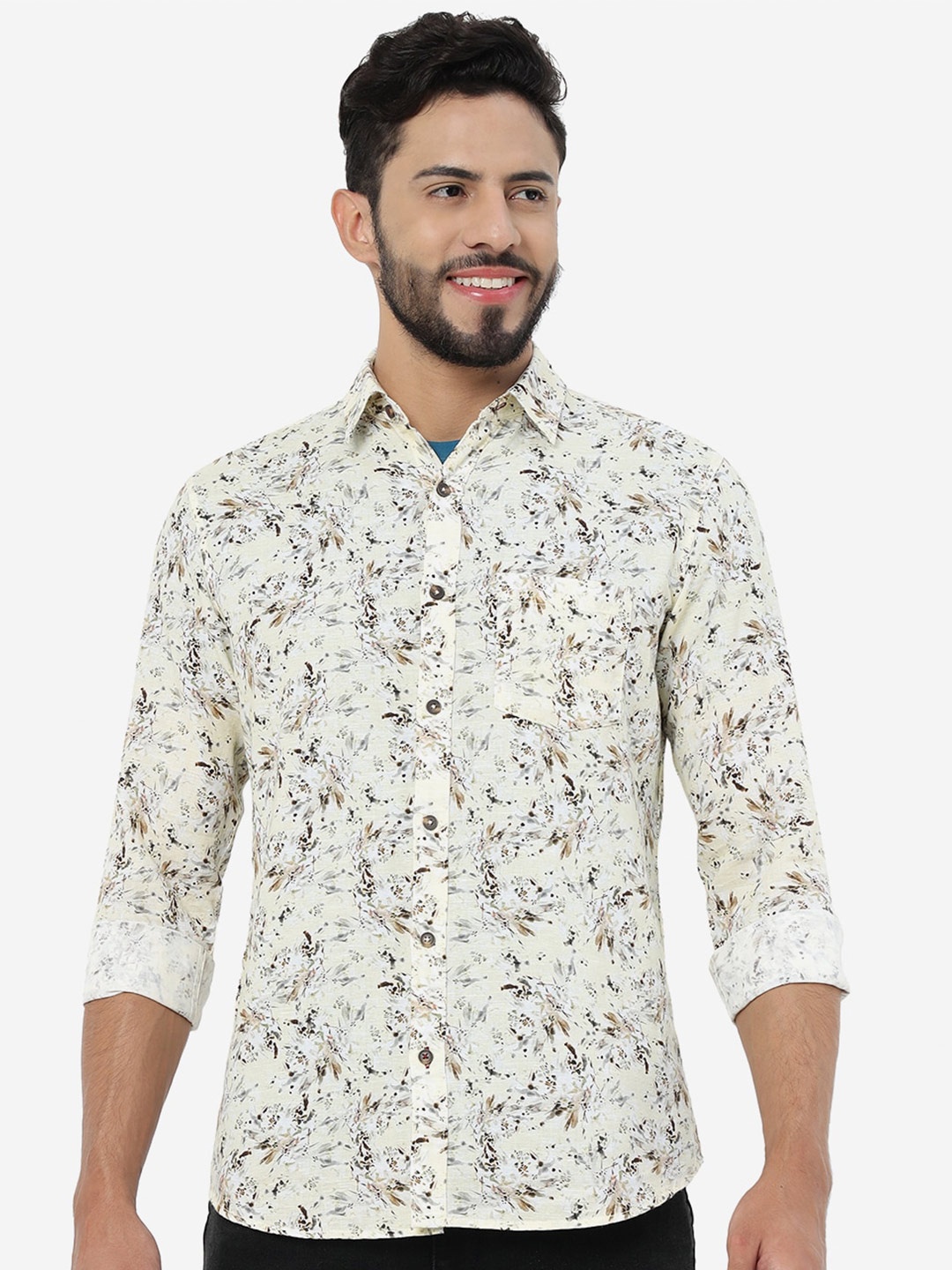 

JADE BLUE Floral Printed Slim Fit Opaque Pure Cotton Casual Shirt, Cream