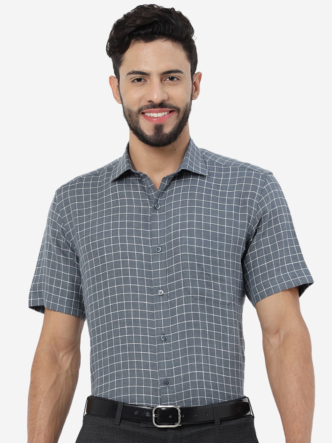 

JADE BLUE Men Checked Comfort Linen Formal Shirt, Grey