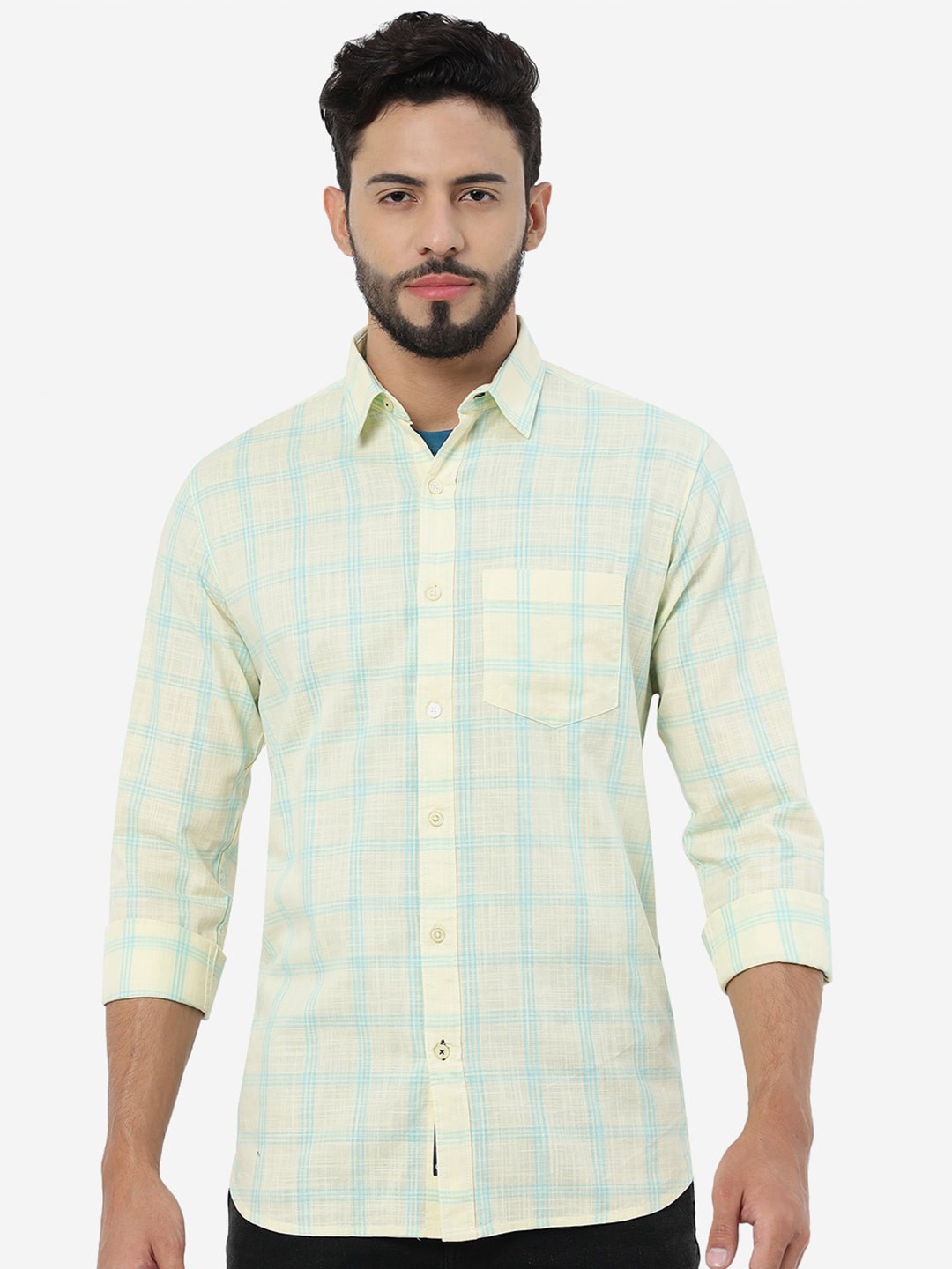 

JADE BLUE Men Checked Slim Fit Comfort Cotton Casual Shirt, Yellow