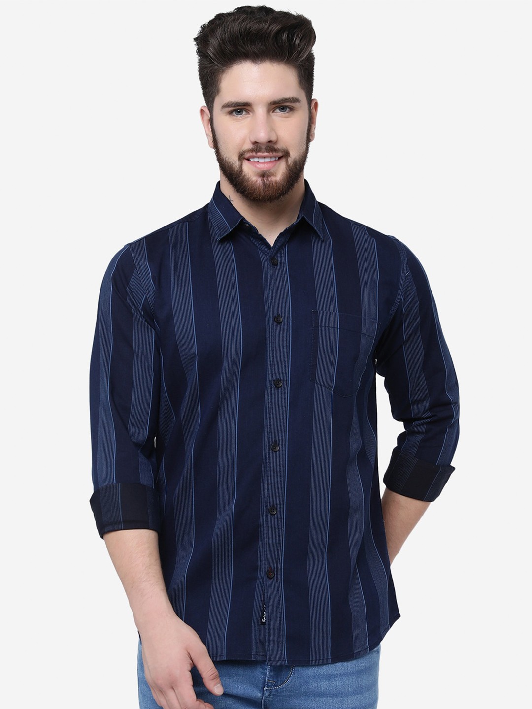 

JADE BLUE Slim Fit Opaque Cotton Striped Casual Shirt