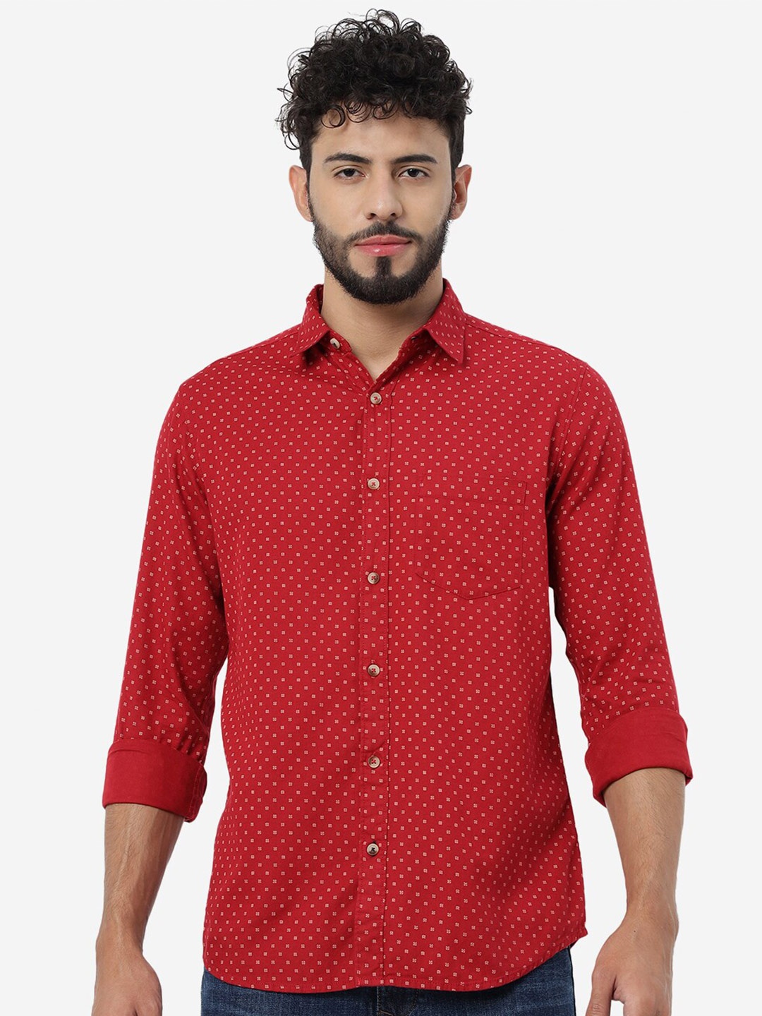 

JADE BLUE Printed Slim Fit Opaque Pure Cotton Casual Shirt, Red