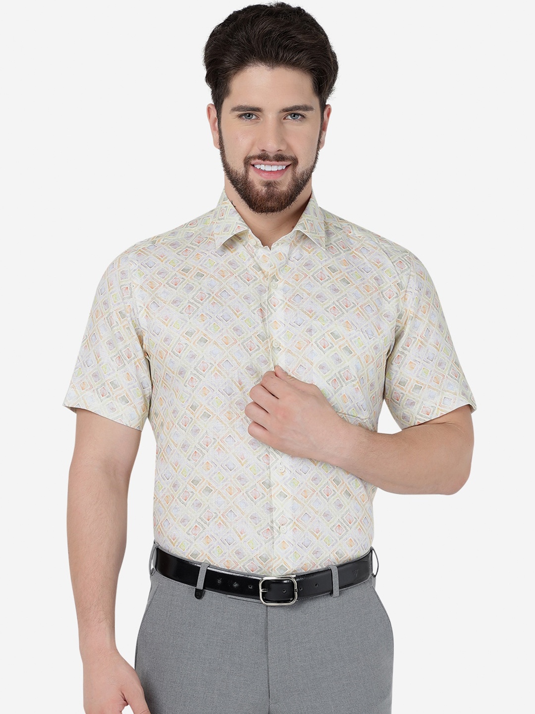 

JADE BLUE Men Floral Printed Linen Opaque Formal Shirt, Yellow